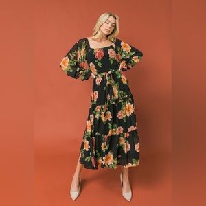 Lovecolette Found My One Rose Smocked Midi Long Sleeve Dress